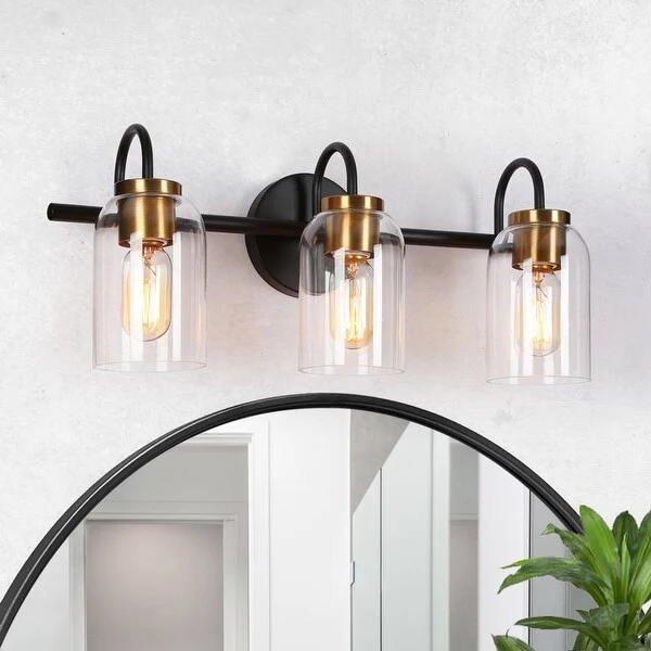 Modern Farmhouse Black Gold 3-Light Bathroom Vanity Light Clear Glass Wall Sconce