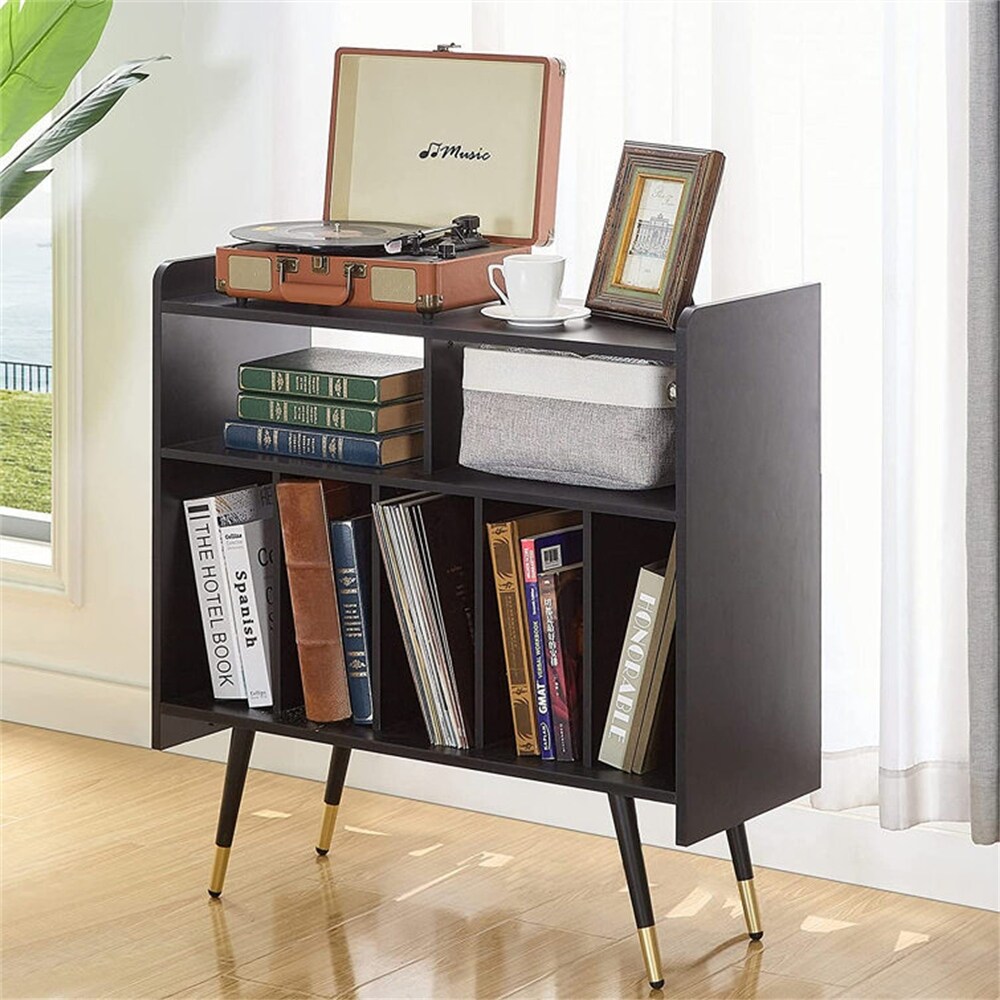 Black Record Player Bookcase With 4 Legs for Living Room Bedroom