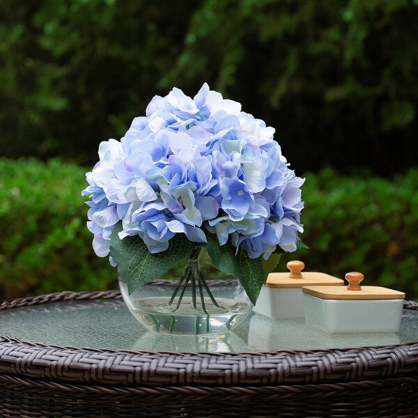 Hydrangea Artificial Flowers in Round Glass Vase with Faux Water，Silk Flower Arrangements in Vase for Home Decor，Wedding Table