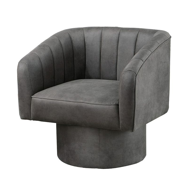 Kate 30 Inch Accent Chair， 360 Swivel Seat， Vegan Faux Leather， Dark Gray