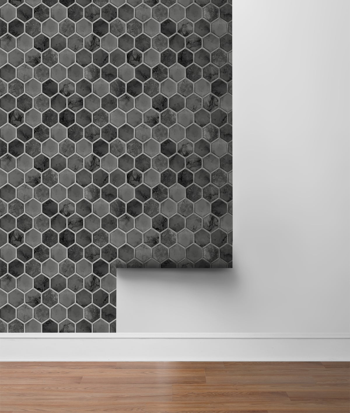 Inlay Hexagon Peel-and-Stick Wallpaper in Cosmic Black and Silver