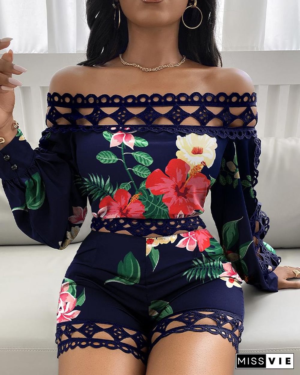 Floral Print Off Shoulder Patchwork Hem Romper