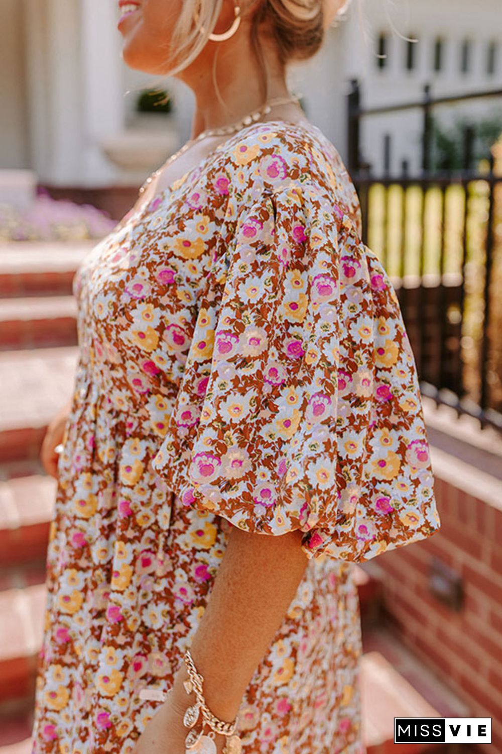 Multicolor Plus Size Floral Print Puff Sleeves Dress