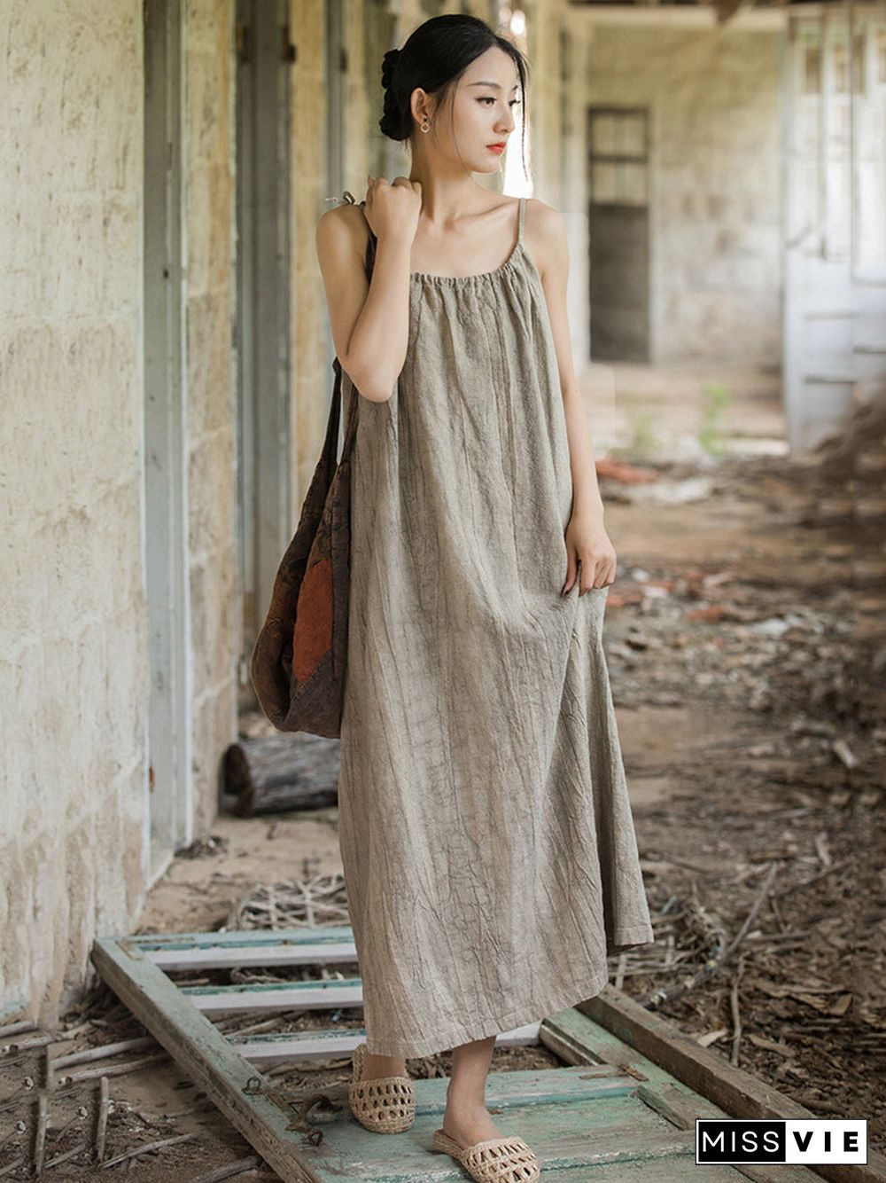 Women Summer Vintage Solid Loose Vest Dress