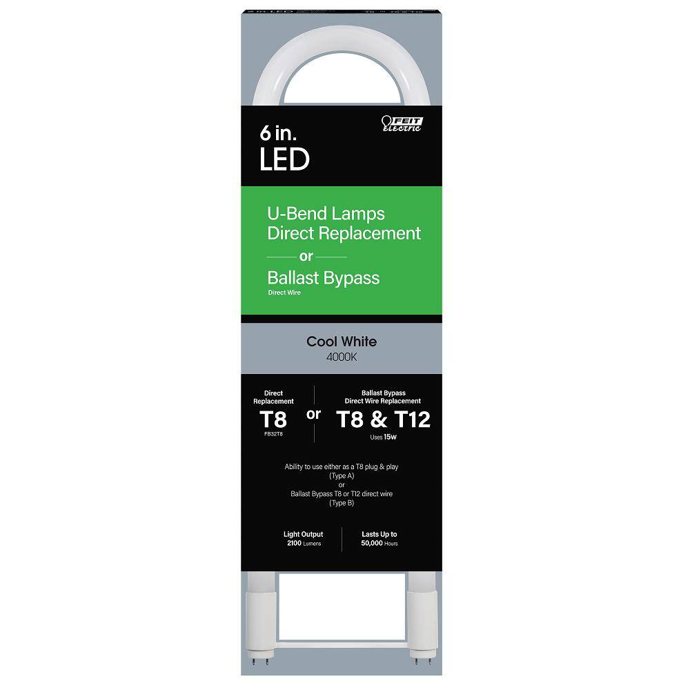 Feit Electric 15-Watt 6 in. T8 G13 Type AB Plug  Play and Ballast Bypass Linear U-Bend LED Tube Light Bulb Cool White 4000K(12-Pack) T848840ABU6LED12