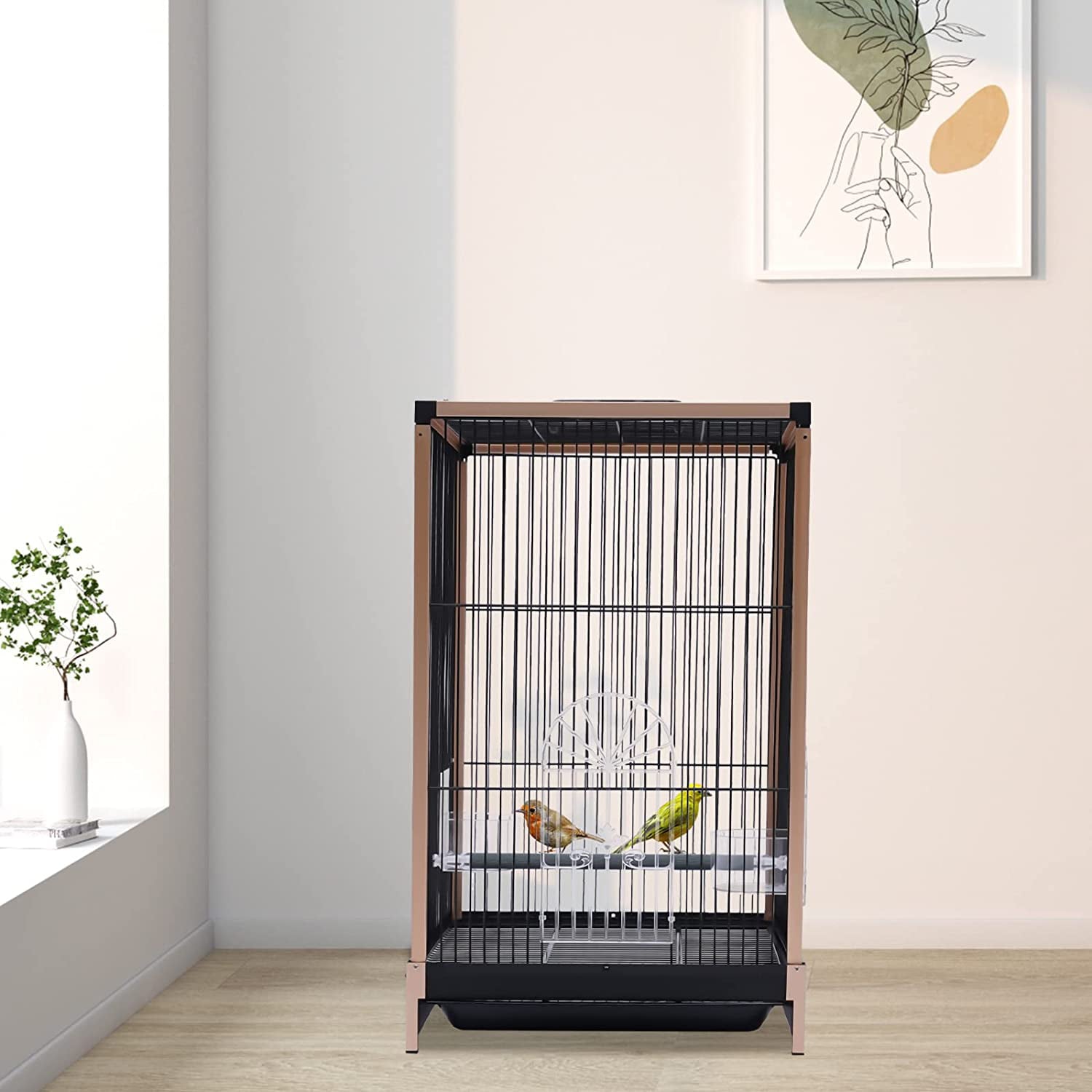 Miumaeov Flat Top Bird Travel Cage， Black， Gold Parrot Carrier Cage With Feeding Cup (aluminum Alloy Frame)， Carrier Travel Cage For Mid-sized Or Small Birds， 13.2*12.4*21inch