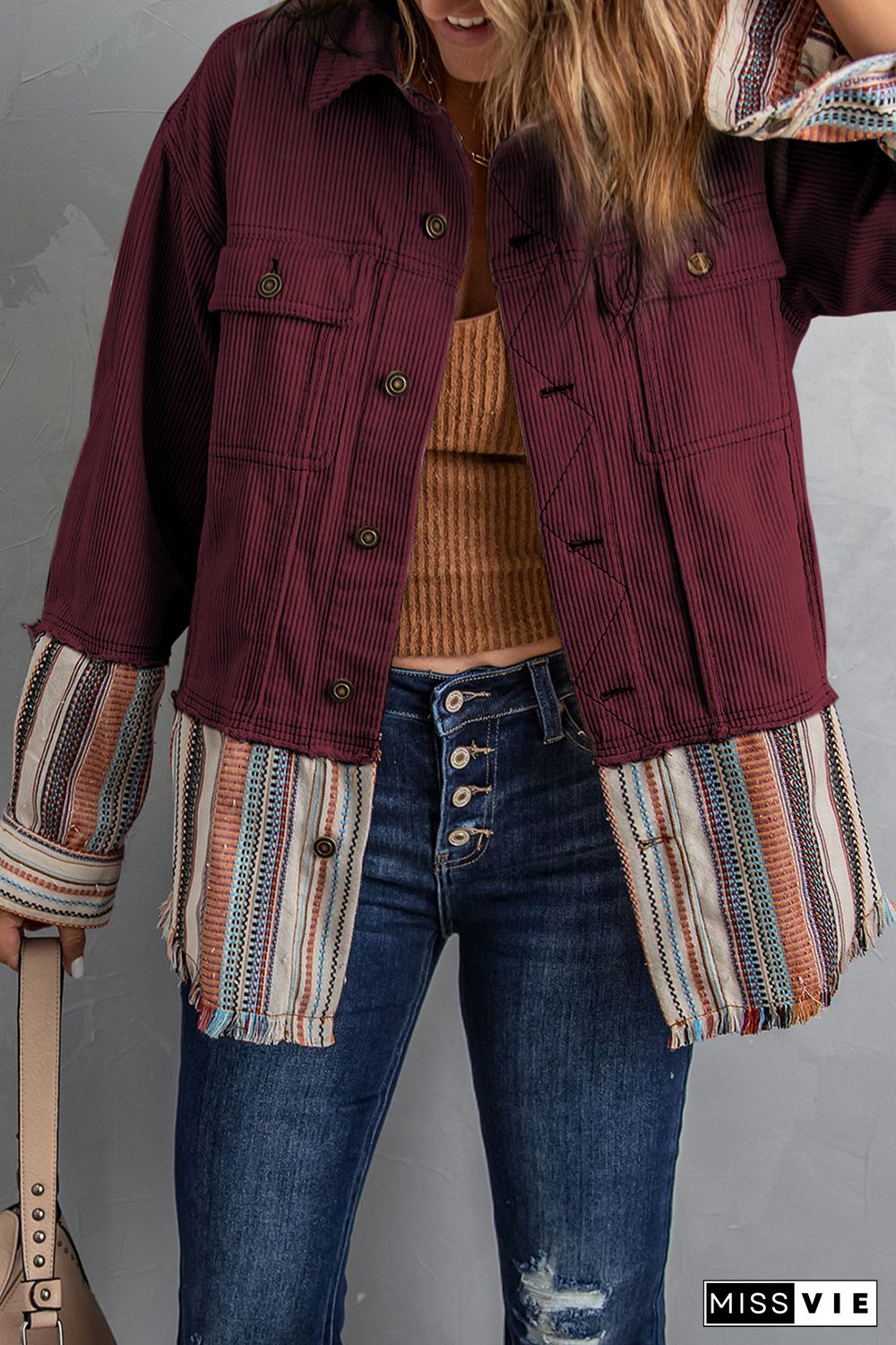 Red Button Up Pockets Striped Color Block Corduroy Jacket