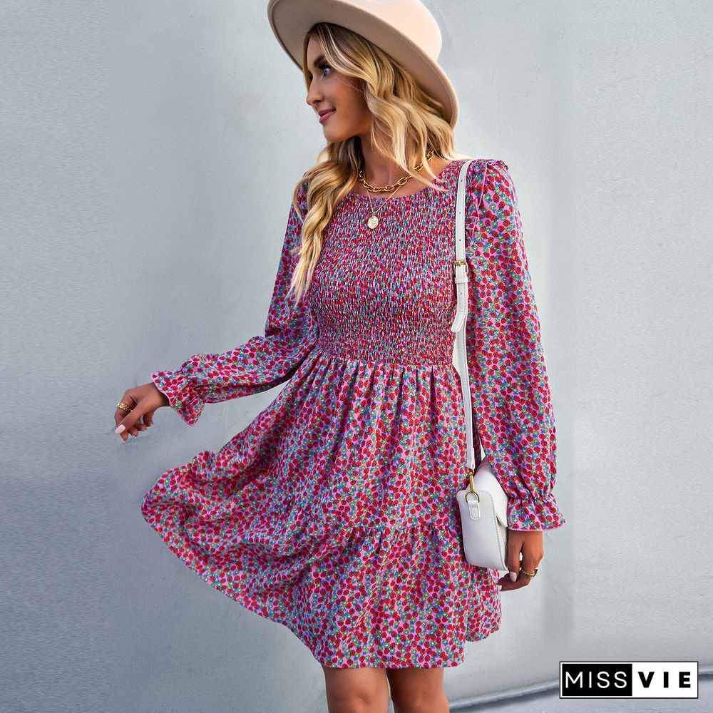 Elegant Floral Print Dress For Women Fall Dresses New O-neck Elastic High Waist Full Flare Sleeve A-Line Mini Dress