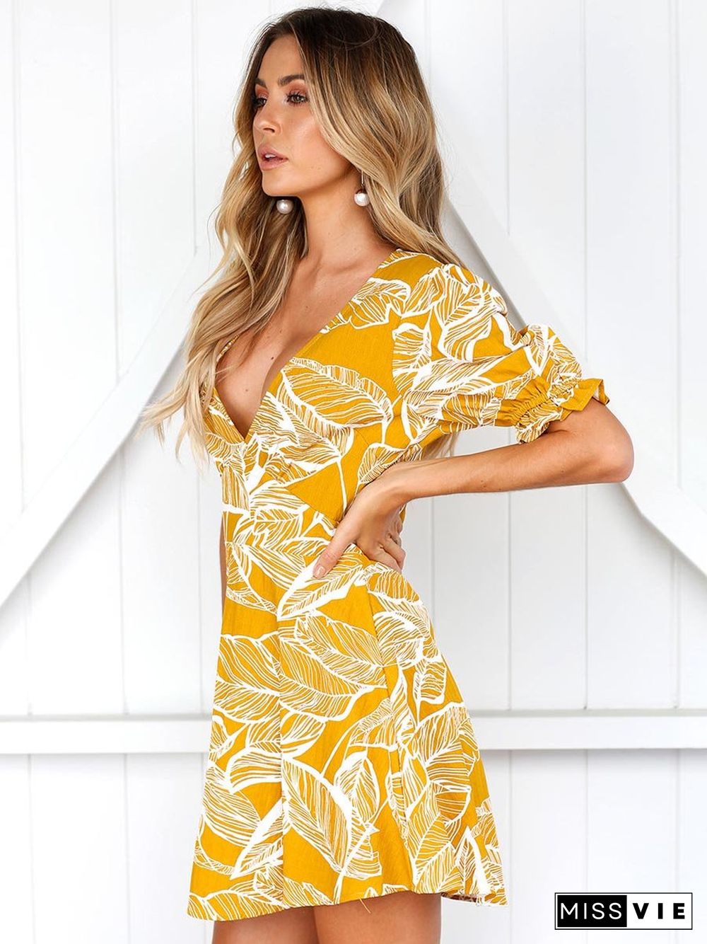 Yellow Short Sleeve Deep V-Neck Mini Dress