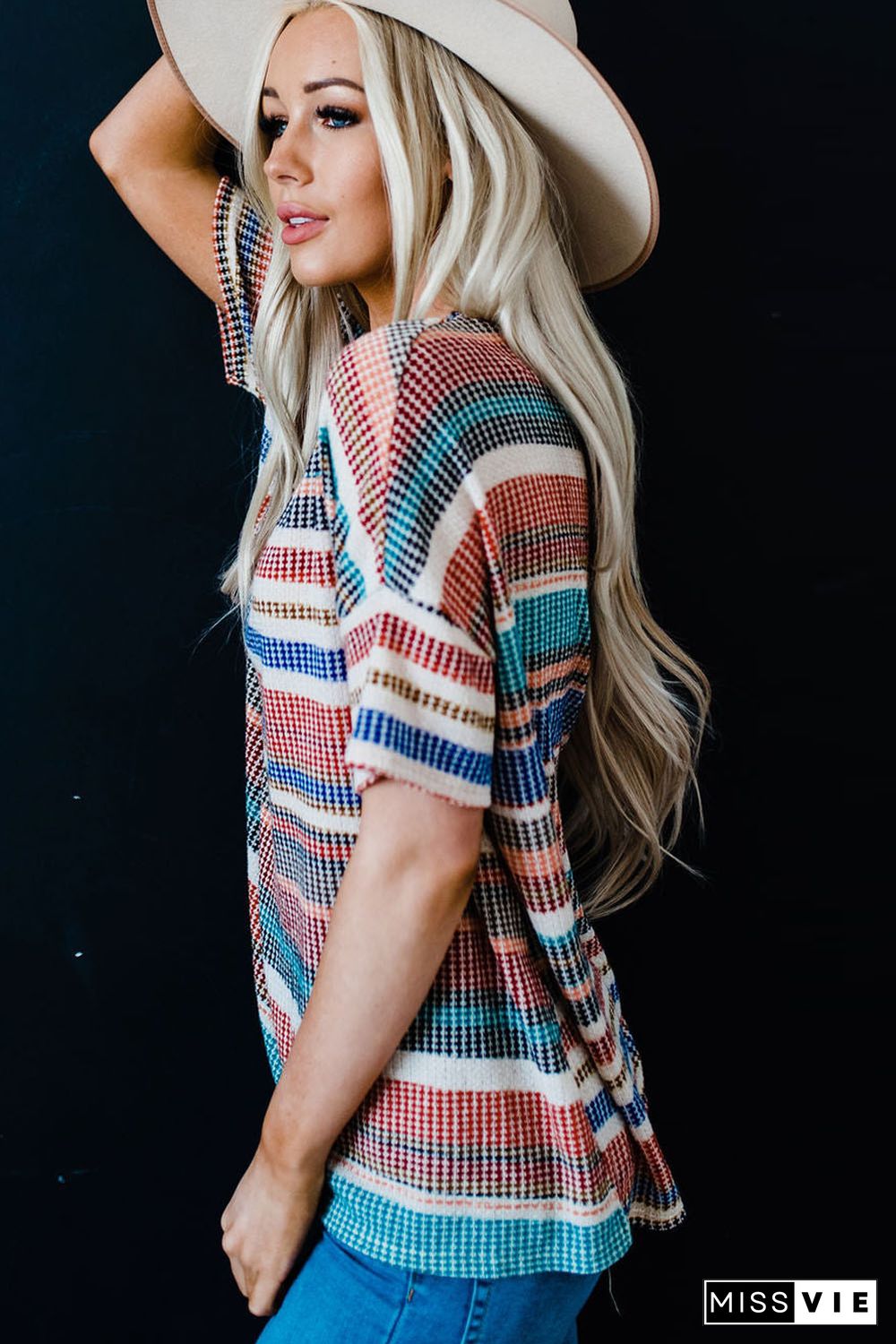 Multicolor Striped Loose T-shirt with Slits