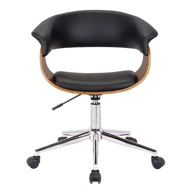 Curved Faux Leather Office Chair with Wooden Support and Star base， Black