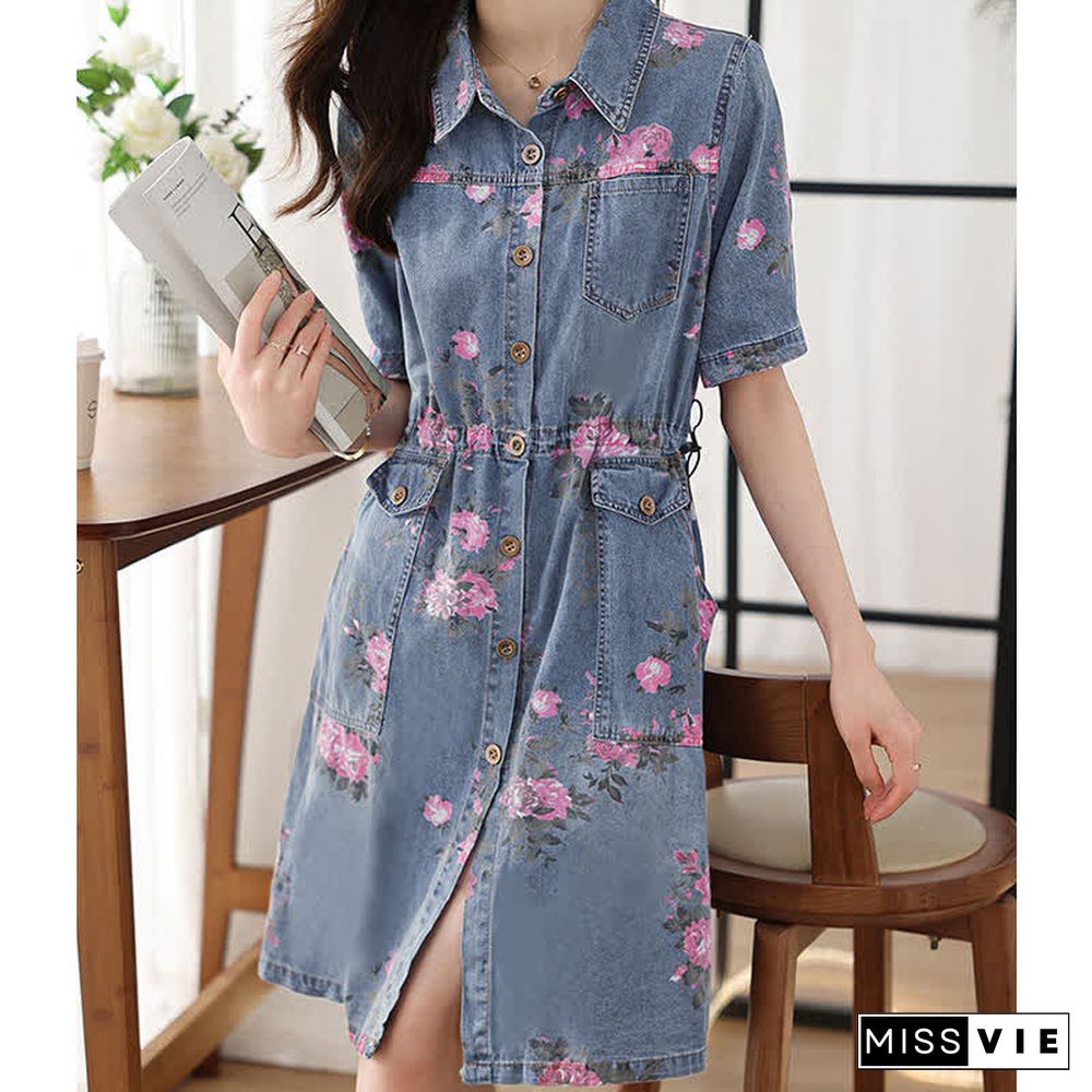 Floral Print Drawstring Lapel Denim Dress