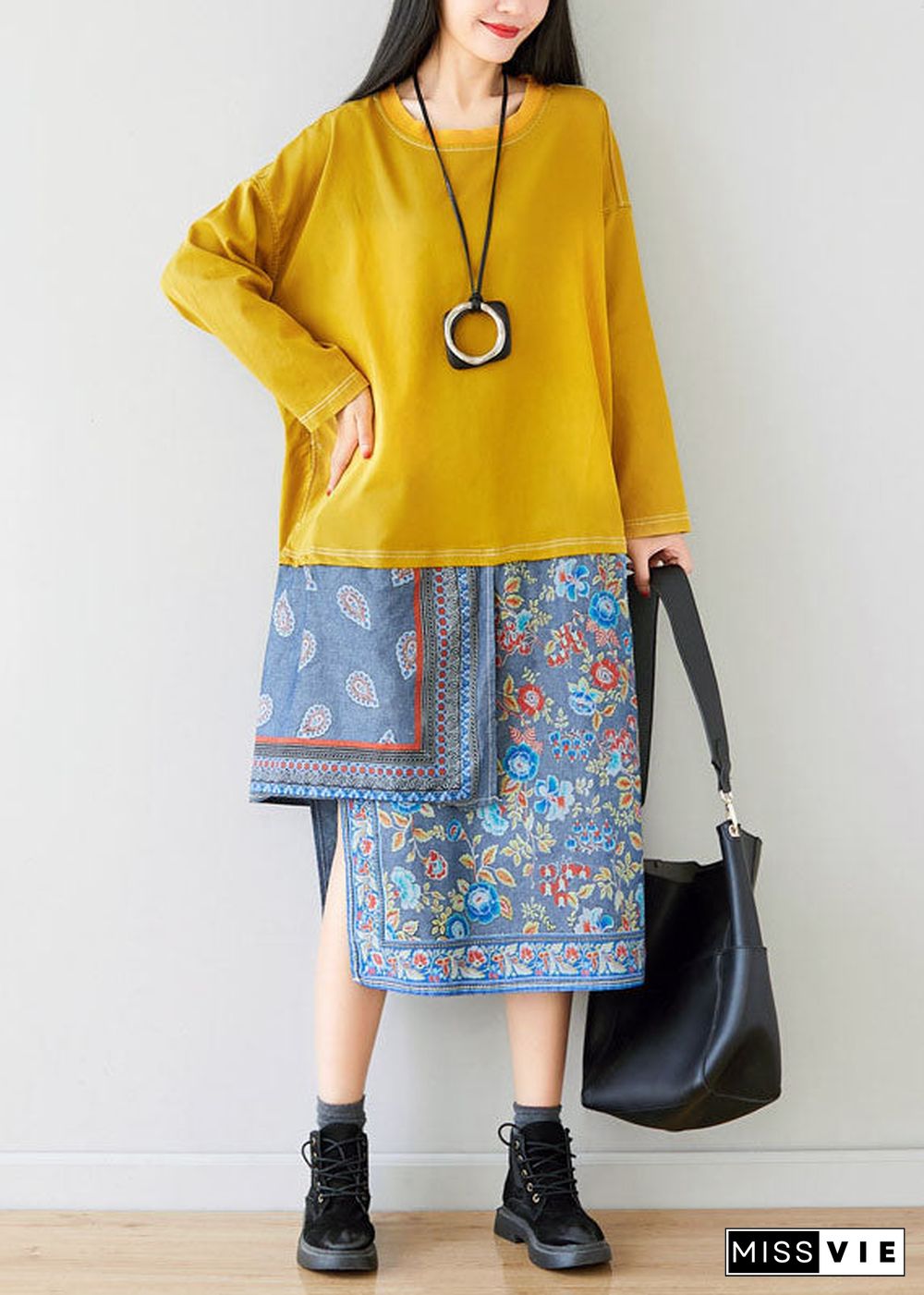 Loose Yellow O-Neck Asymmetrical Sweatshirt dresses Spring