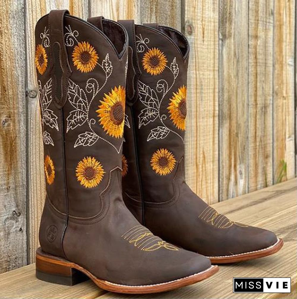 Women's Boot Sunflower Embroidery Cowboy Boots for Women Thick Heel Leather Boots Plus Size 35-43