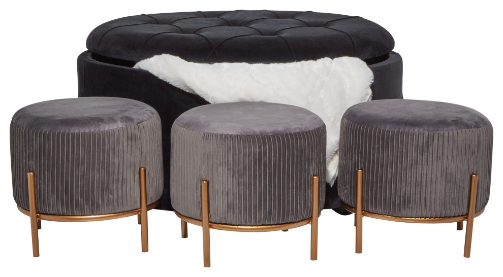 Large Round Black And Grey Velvet Fabric Storage Ottoman Set  Set Of 3   Contemporary   Footstools And Ottomans   by Brimfield  ampMay  Houzz