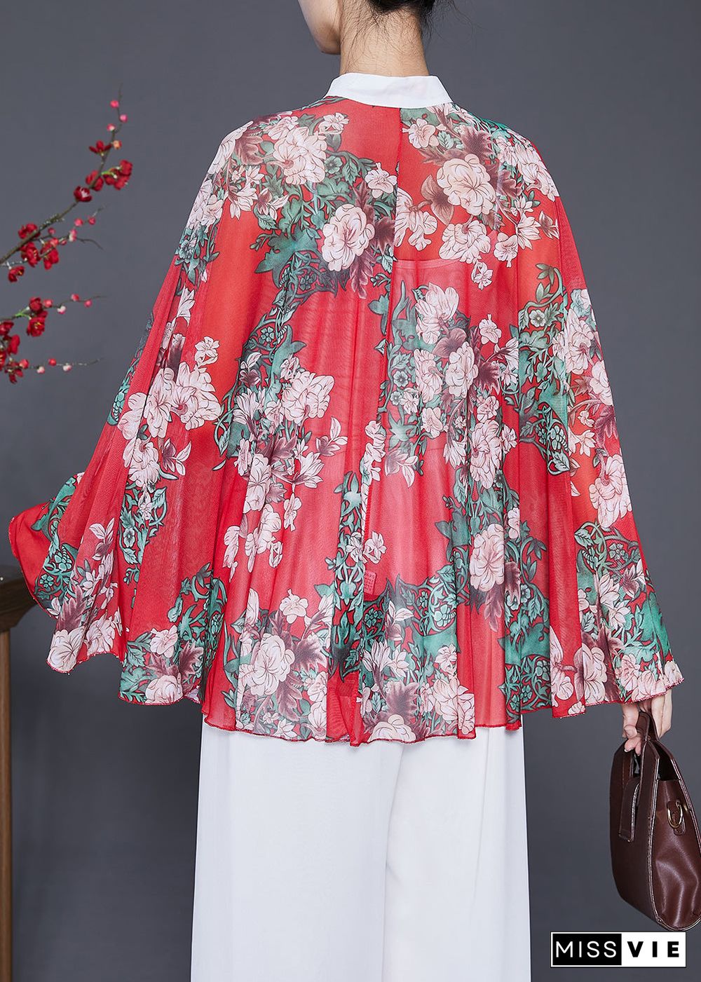 Art Red Oversized Print Chiffon Shirt Batwing Sleeve