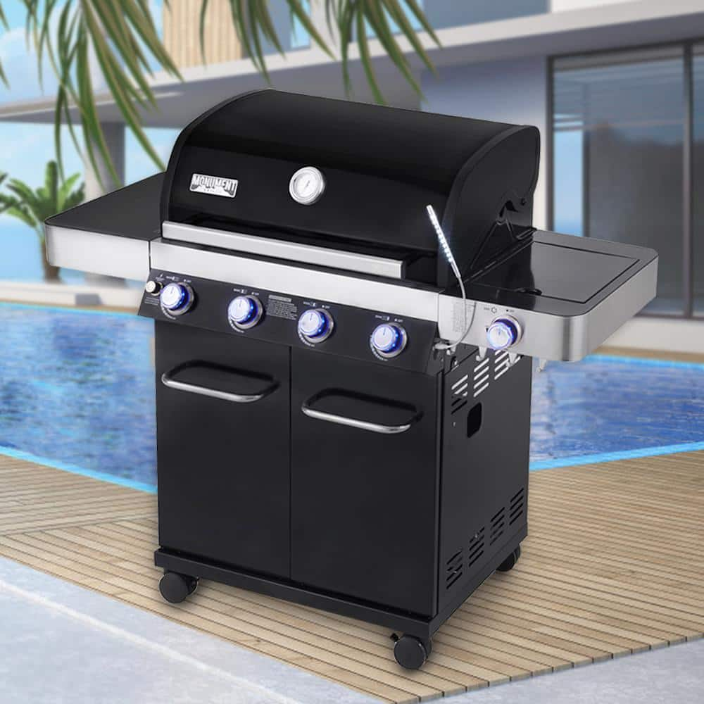 Monument Grills 4-Burner Propane Gas Grill in Black with LED Controls, Side Burner and USB Light 13892