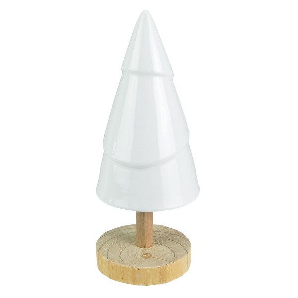 10.5 White Ceramic Tree with Wood Base Christmas Decoration