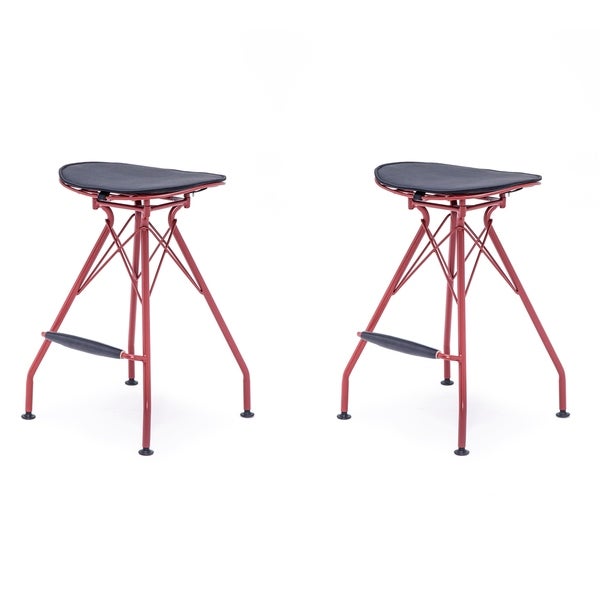 Industrial Metal Faux Leather and Wood 24-Inch Barstool Set of 2