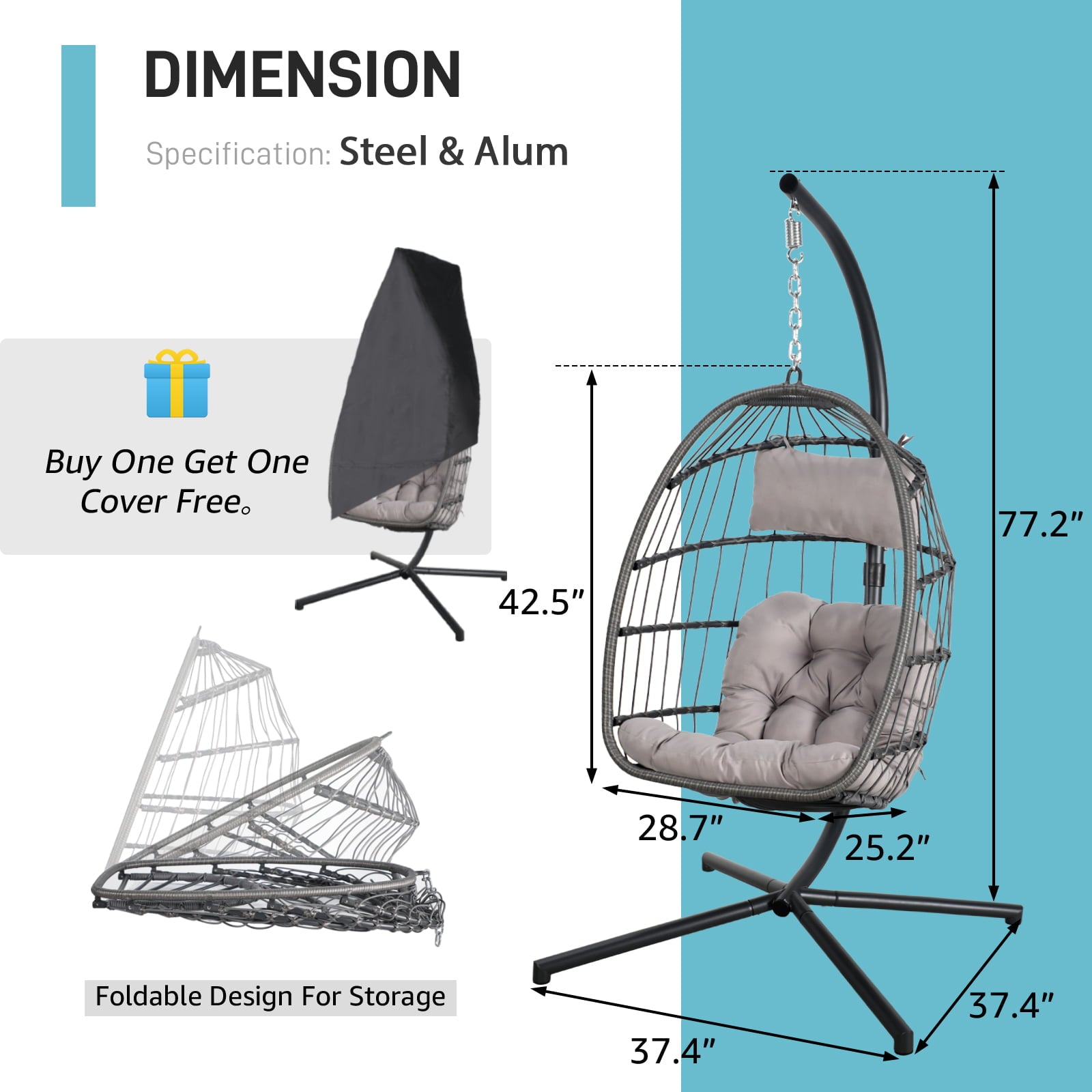 Indoor Outdoor Swing Egg Chair with Stand, Patio Foldable Grey Wicker Rattan Hanging Chair with Cushion, Light Gray