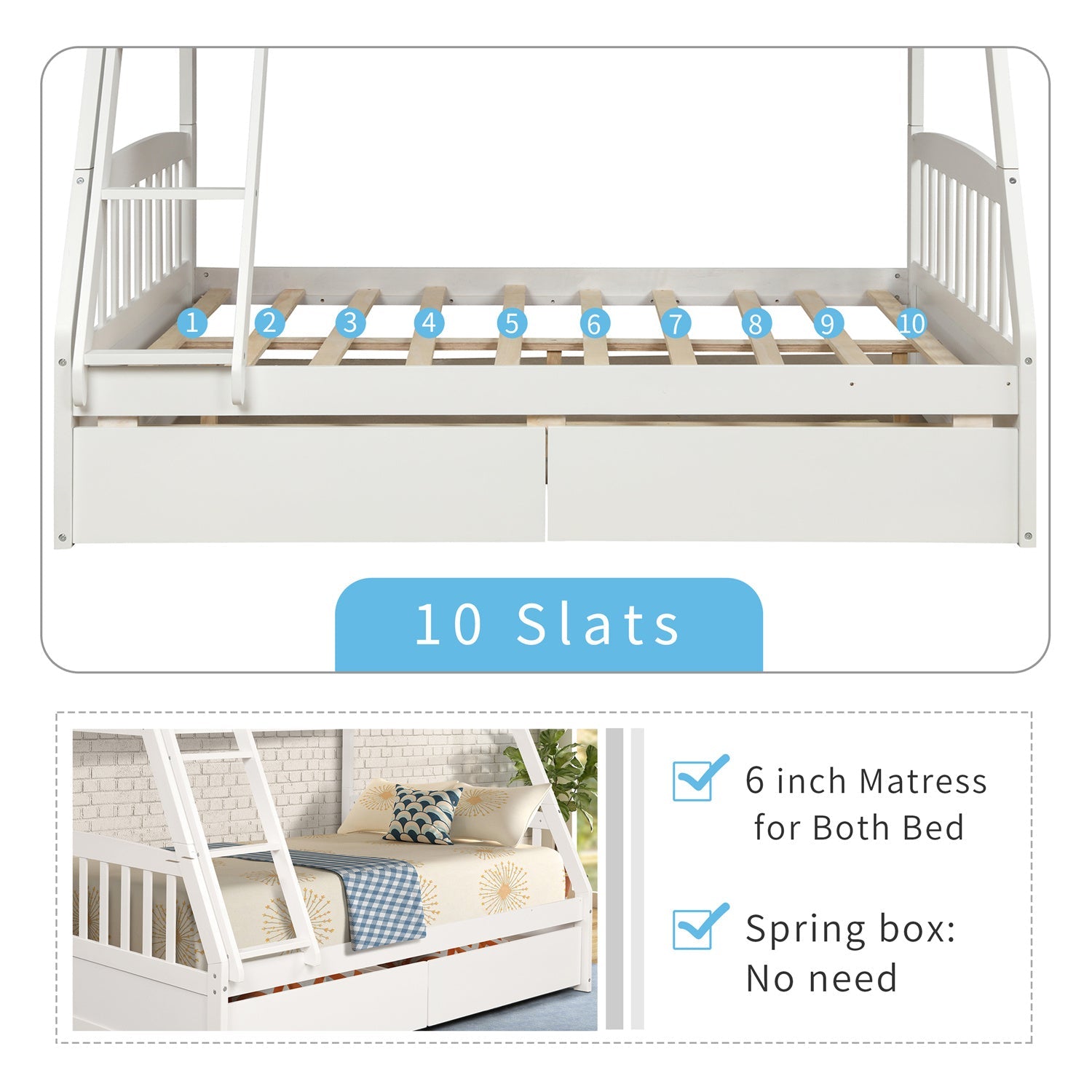 Twin Over Full Bunk Bed with Two Storage Drawers, Pinewood Bed Frame and Ladder with Guard Rails for Toddlers, Kids, Teens, Boys and Girls, White