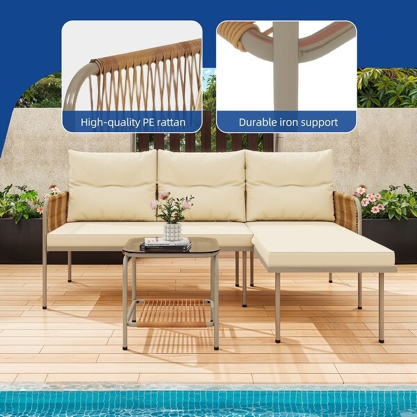 Moasis 3 Pieces Wicker Patio Furniture Conversation Set LShaped Sofa Set with Table and Cushion