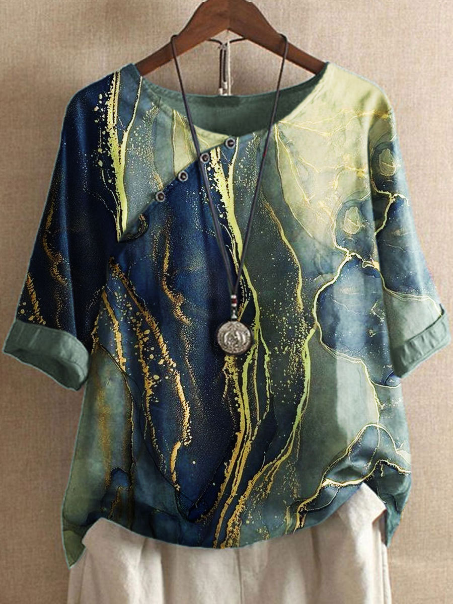 Round Neck Casual Loose Marble Print Short Sleeve Blouse