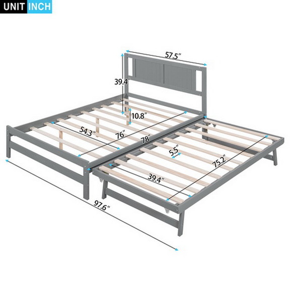 Full Size Platform Bed with Adjustable Trundle  Gr...