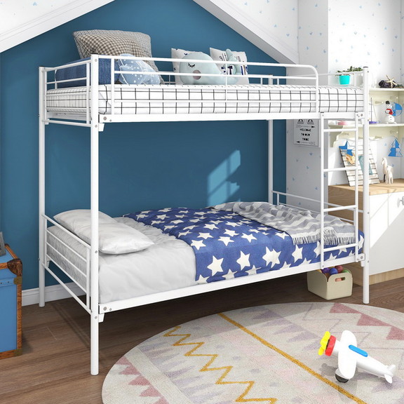 Twin Over Twin Bunk Bed with Metal Frame and Ladde...