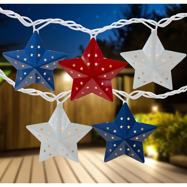 10 Red White Blue Metal Star 4th of July Patio Christmas Lights