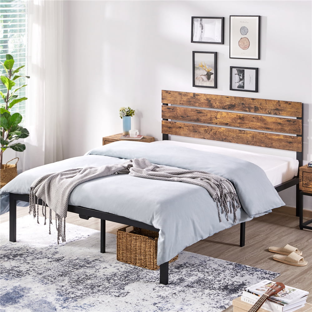 Yaheetech Metal Platform Bed Frame with Wooden Headboard, Queen