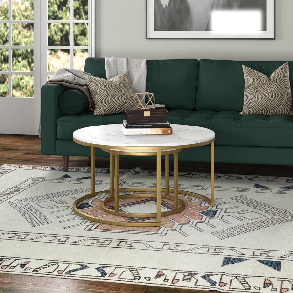 Watson Round Nested Coffee Table with Faux Marble Top in Gold