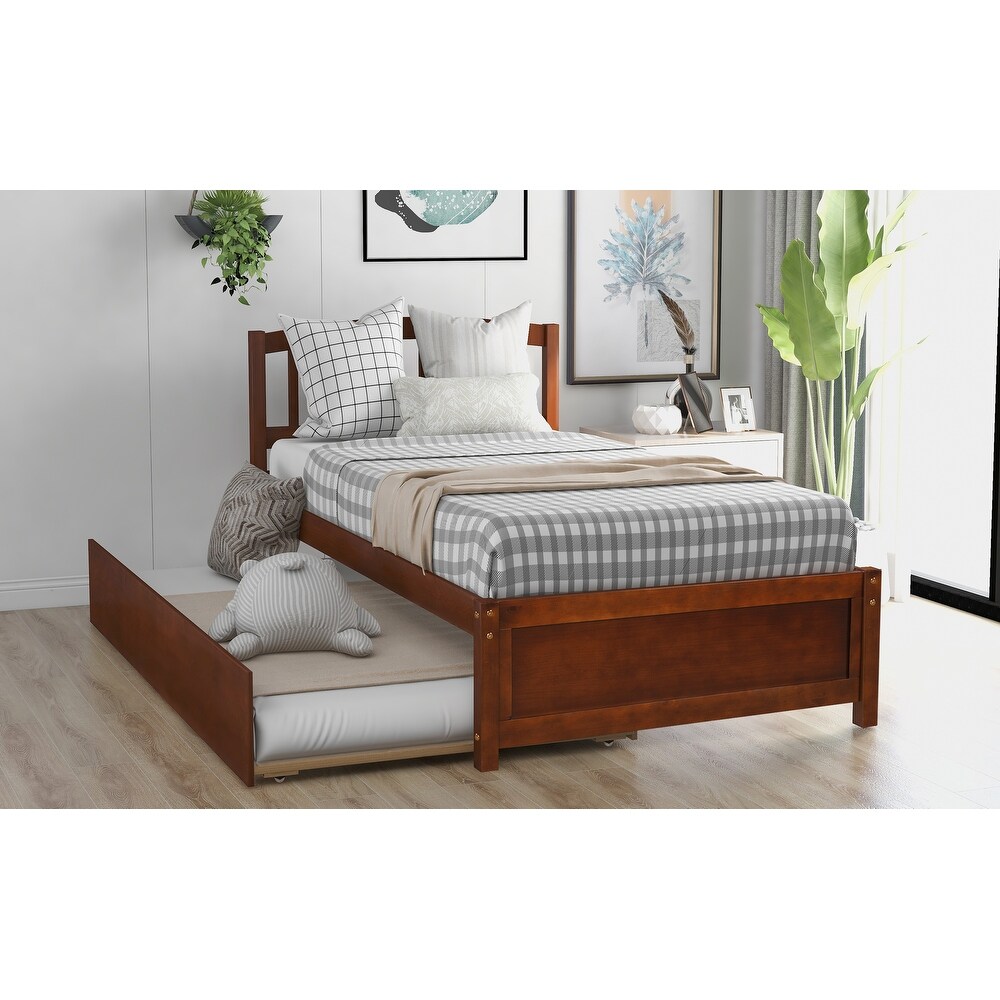 Nestfair Twin Size Platform Bed Wood Bed Frame with Trundle