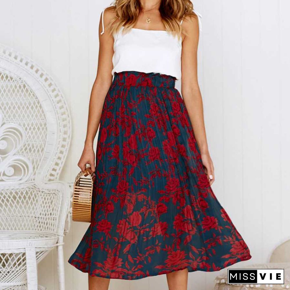 90s Fashion Retro Elastic Waist Paisley Ruffle Midi Skirt