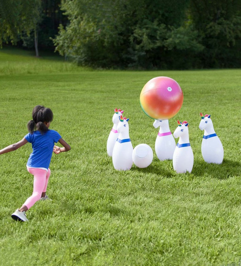 HearthSong Giant Inflatable Unicorn Bowling Set for Kids, with 6 Unicorn Pins and 1 Large Multi-Colored Ball