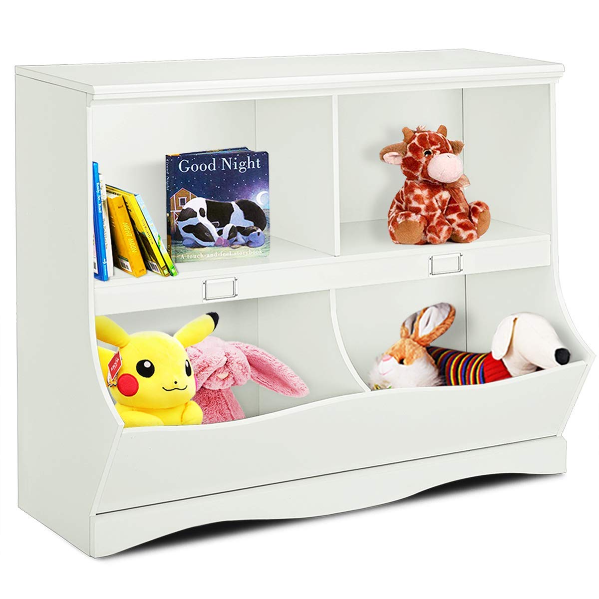 Costzon 4-Cubby Kids Bookcase with Footboard, Multi-Bin Children's Organizer Shelf with 2 Shelf and 4 Bin (White)