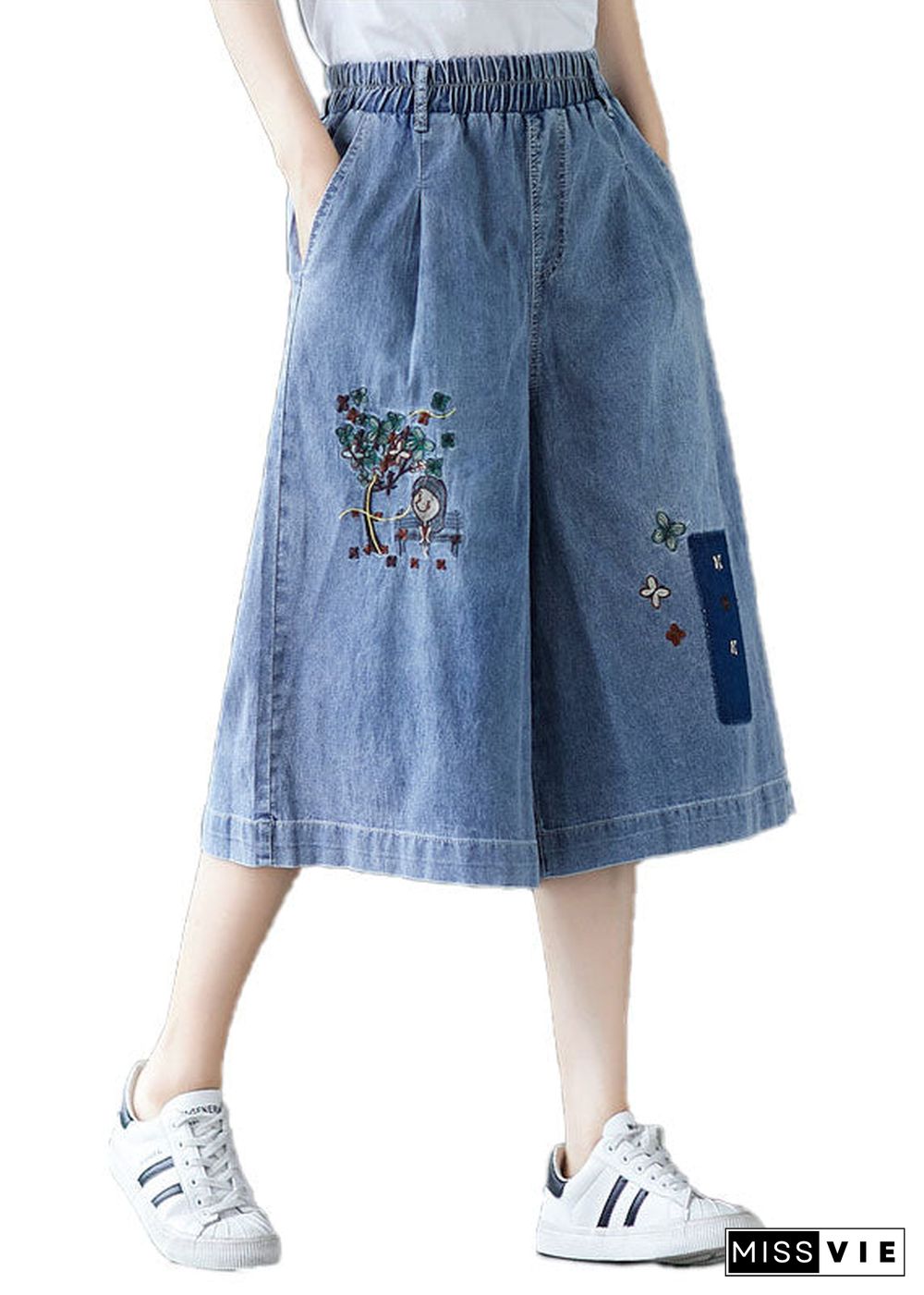 Elegant Denim Blue Elastic Waist Embroideried Cotton Wide Leg Pants Summer