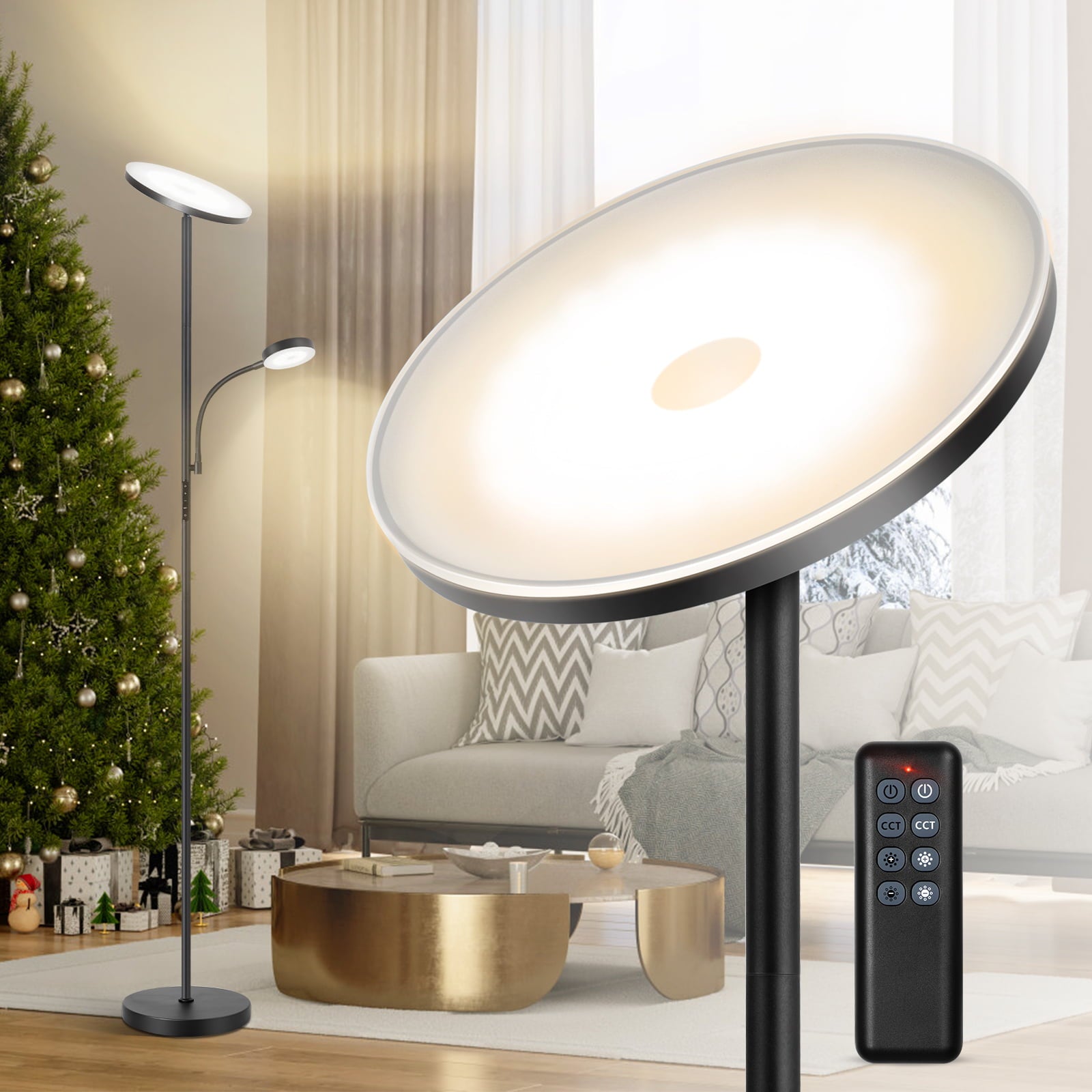 Outon LED Torchiere Floor Lamp with Reading Side Light, 4 Color Temperature Black Metal Standing Light for Living Room