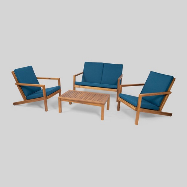 4pc Leah Acacia Wood Patio Chat Set Dark Teal Christopher Knight Home