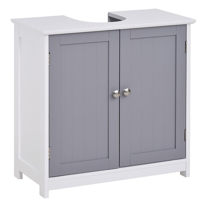 kleankin Vanity Base Cabinet Under Sink Bathroom Cabinet Storage with U Shape Cut Out and Adjustable Internal Shelf White and Grey