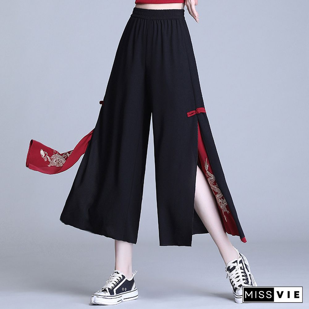 Vintage Dragon Embroidery Side Split Casual Pants