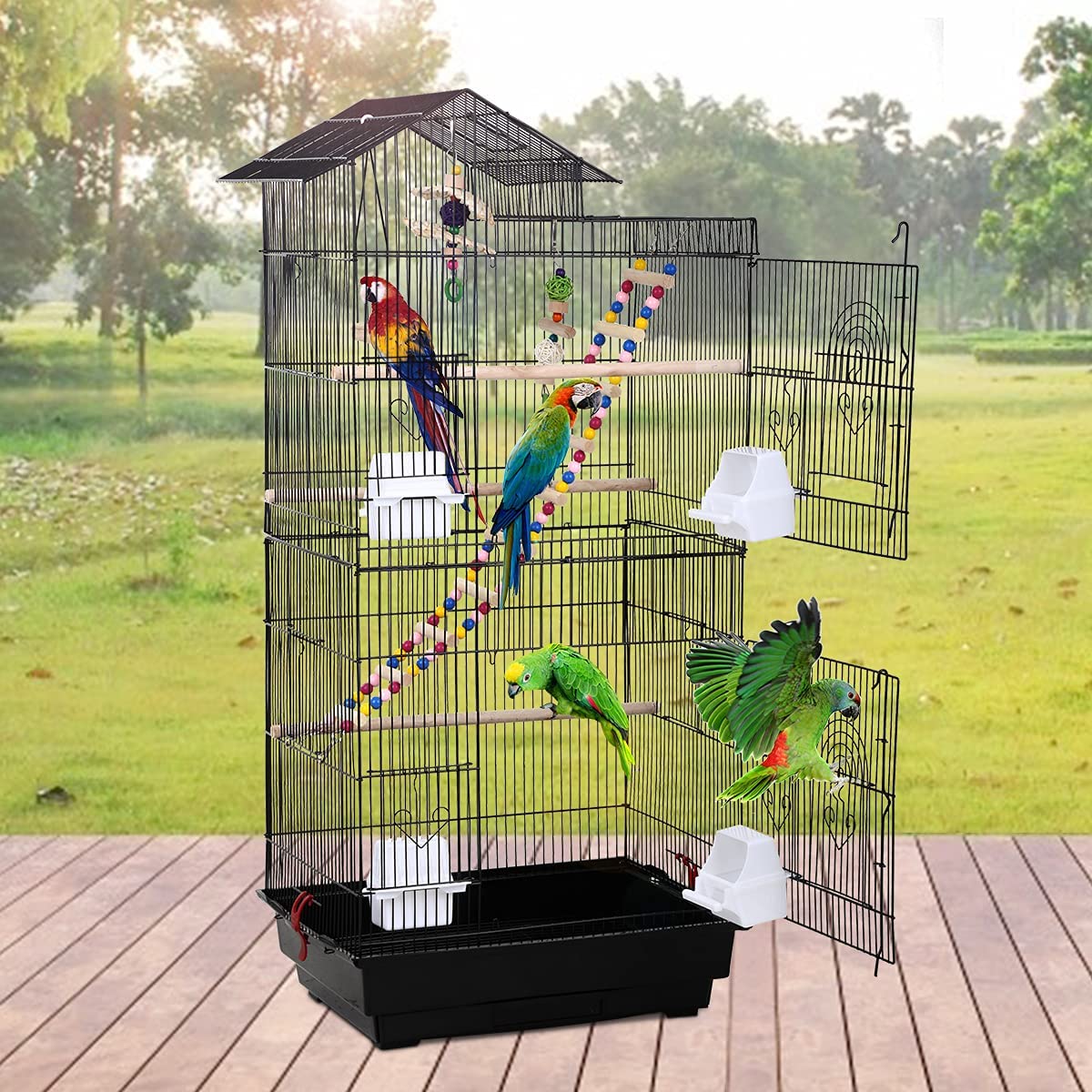 39 Inch Big Bird Cage Study Parakeet Cage Aviary with Accessories Roof Top Flight Parrot Cage with Ladder and Swing Jaulas para Pajaros for Small Parakeet，Canaries， Lovebirds， Cockatiels， Parrots