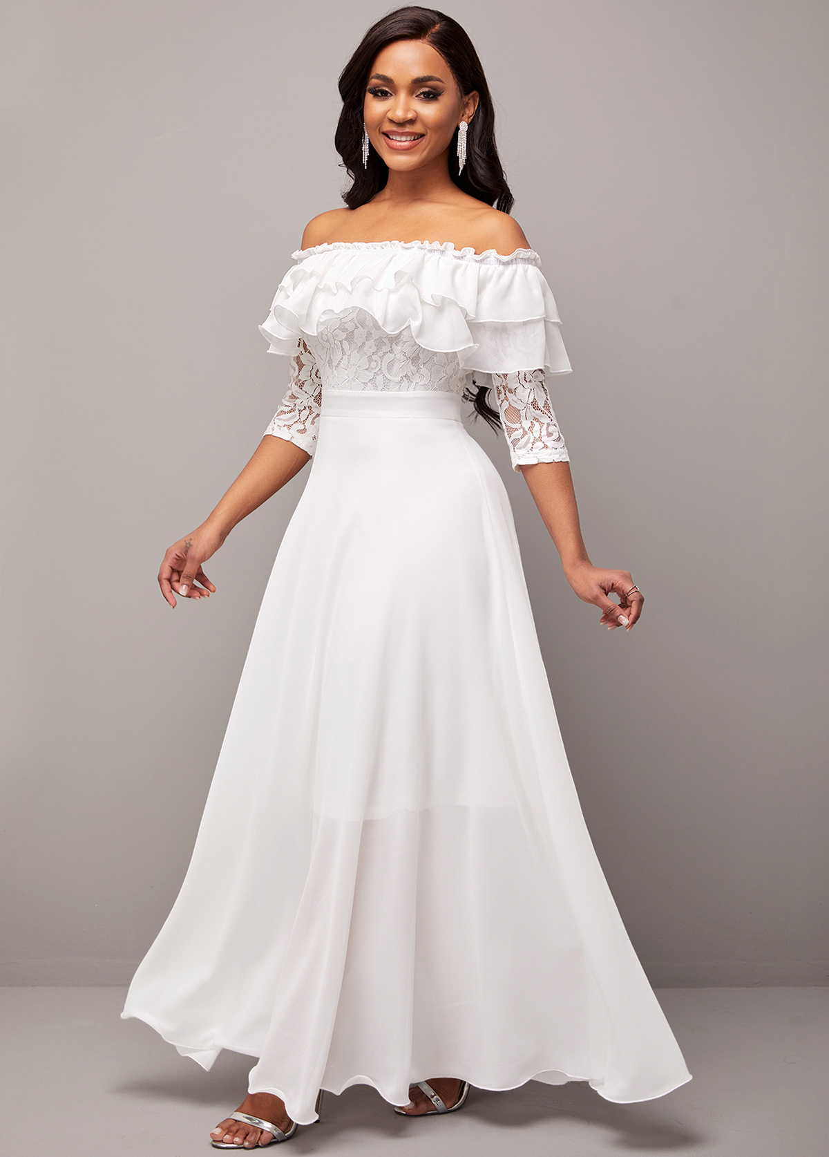 Flounce Lace Stitching White Off Shoulder Dress