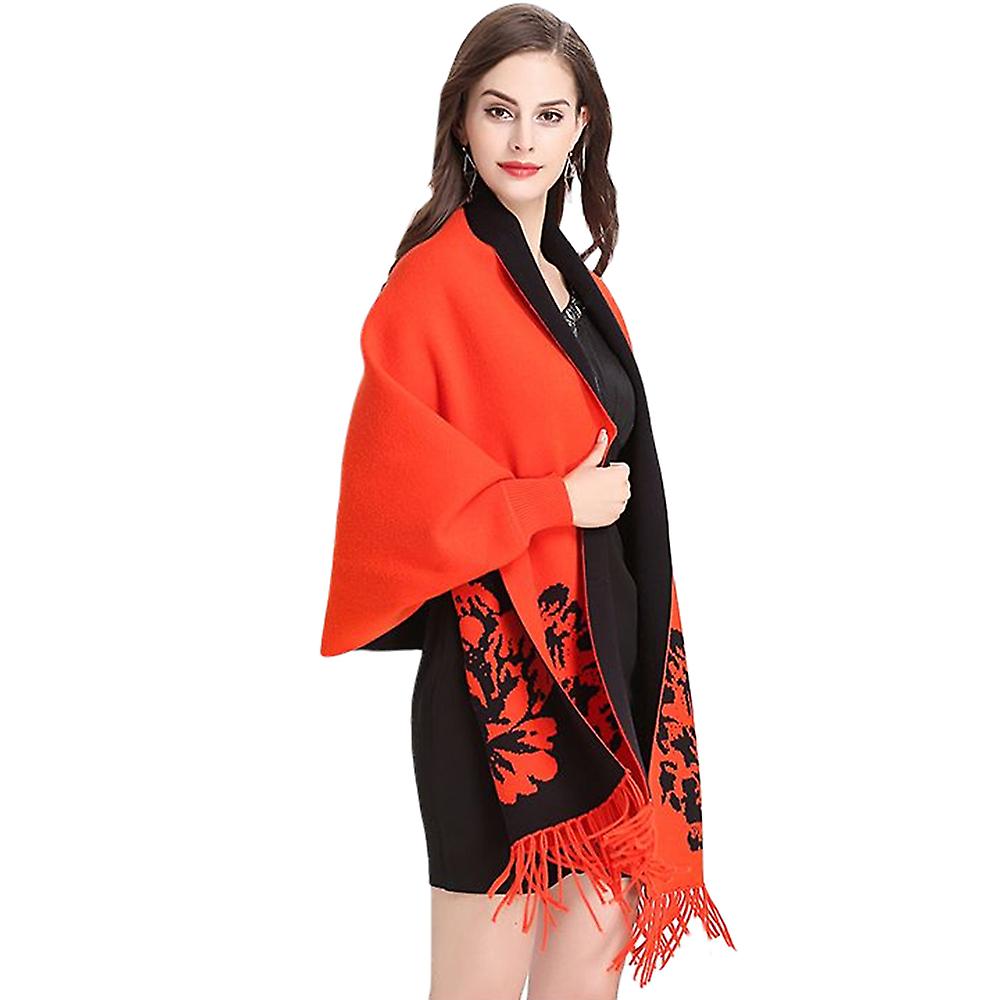 Women Floral Printed Knitted Shawl Cape With Sleeves