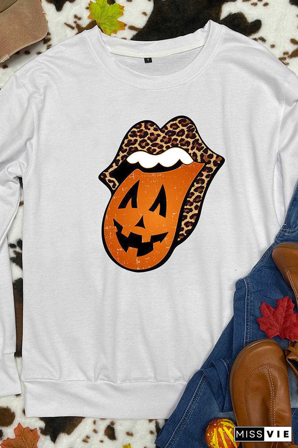 Leopard Lips Halloween Print O-neck Long Sleeve Sweatshirts Women Wholesale