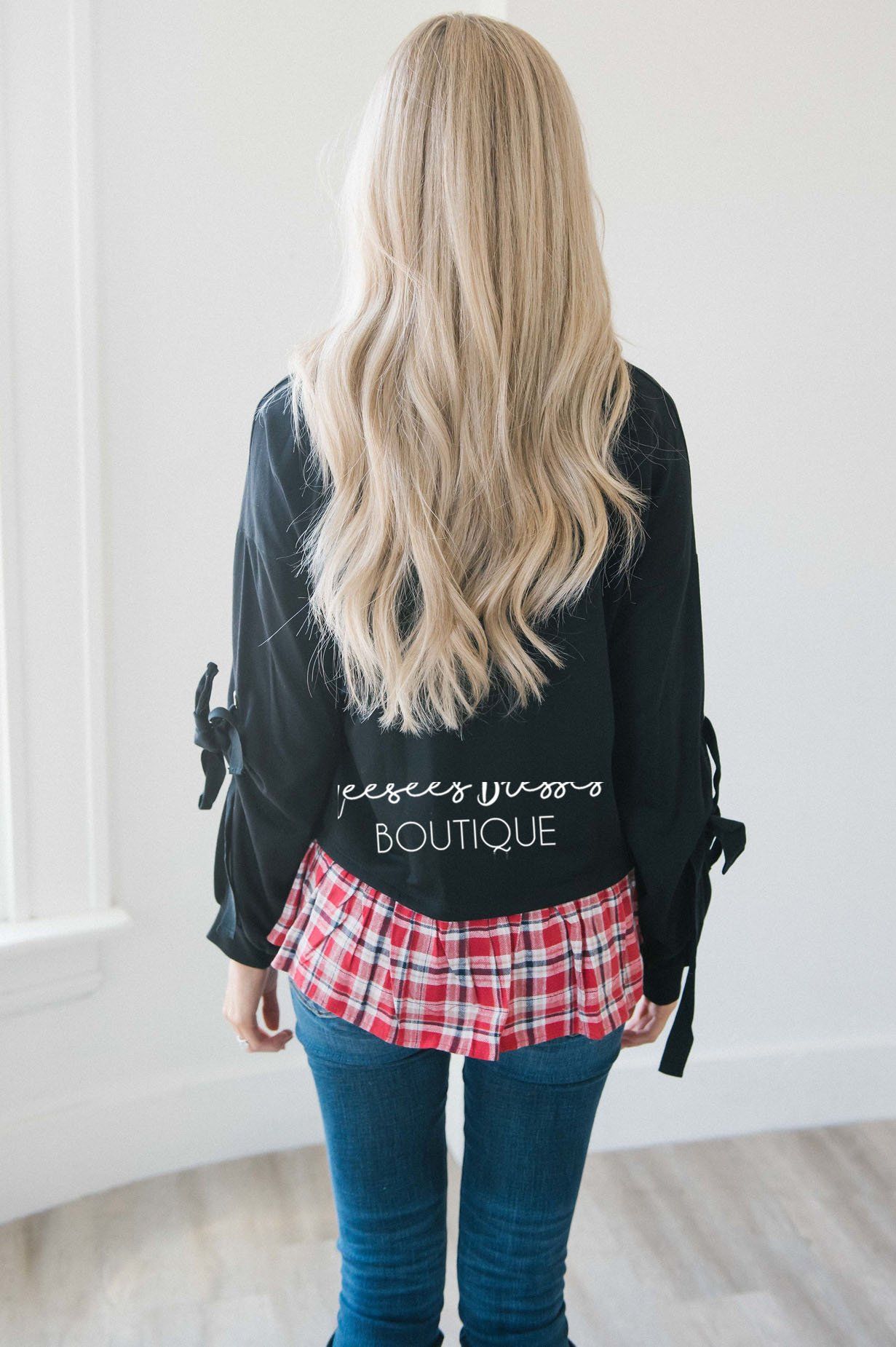 Tie Sleeve Plaid Ruffle Hem Sweater