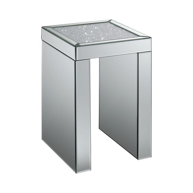 Mirror Panelled Accent Table with Crystal Embellished Top， Silver