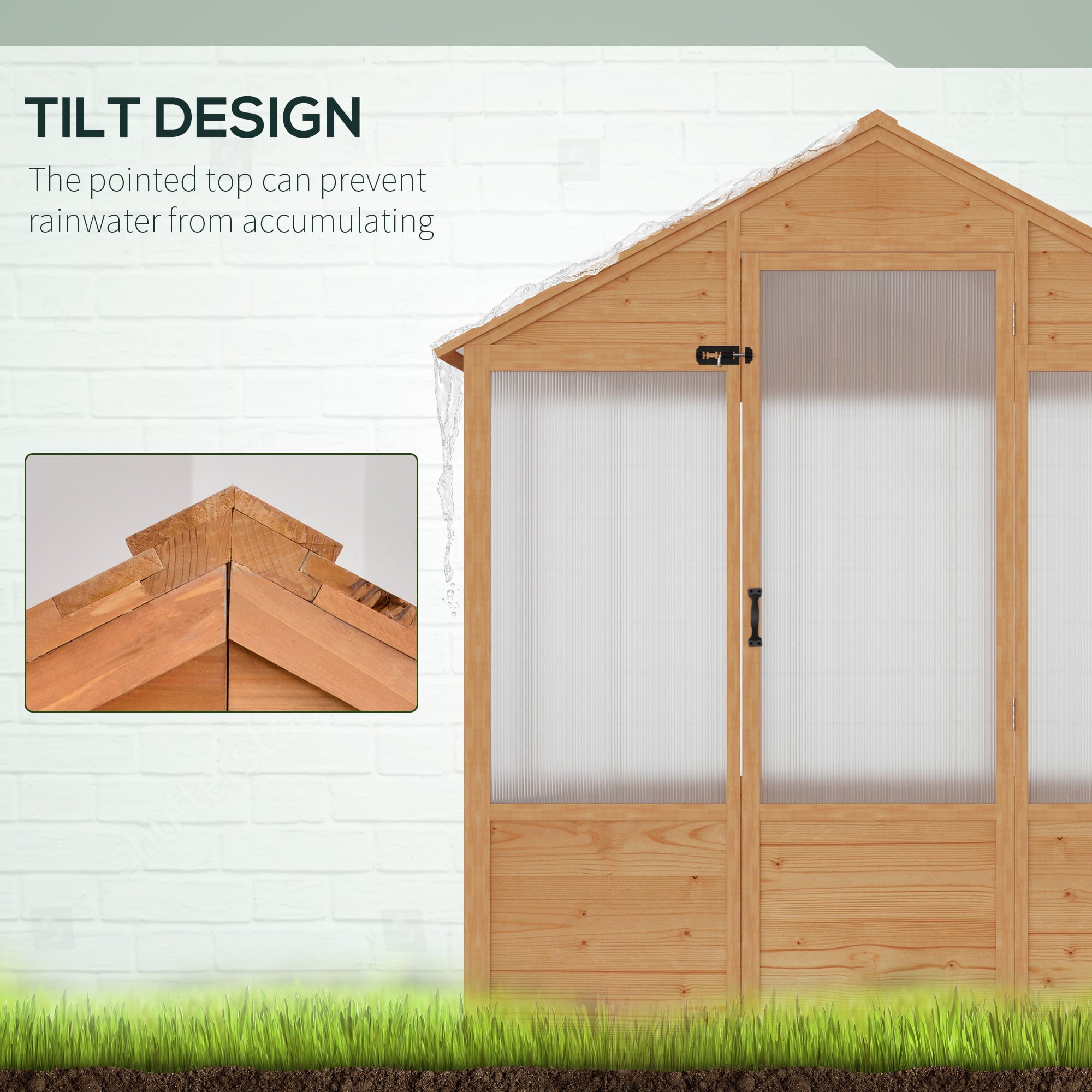 Outsunny 6' x 4' x 7' Polycarbonate Greenhouse, Walk-in Wooden Green House, Outdoor Hobby Greenhouse with Door, Natural