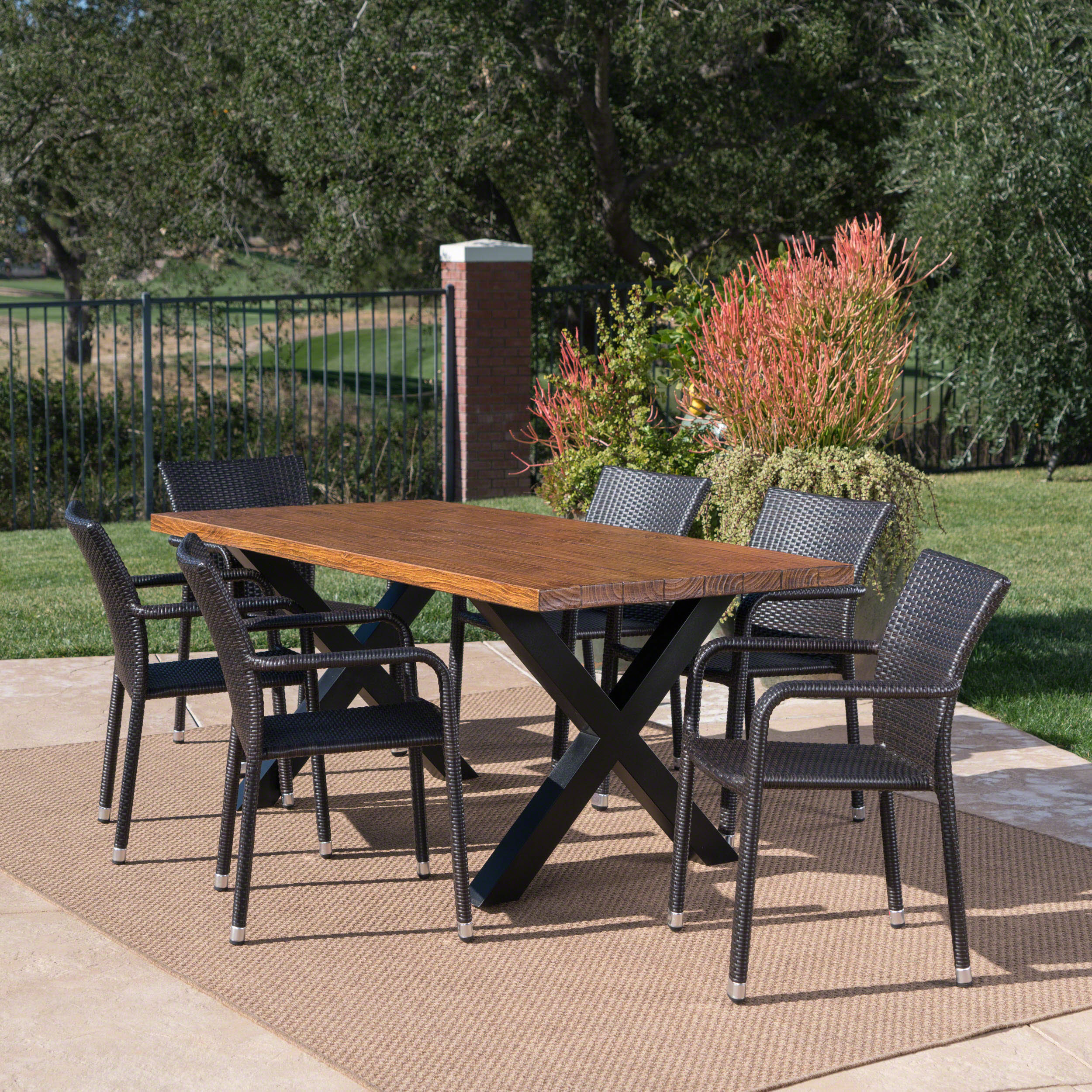 Truda Outdoor 7 Piece Wicker Dining Set with Light Weight Concrete Table