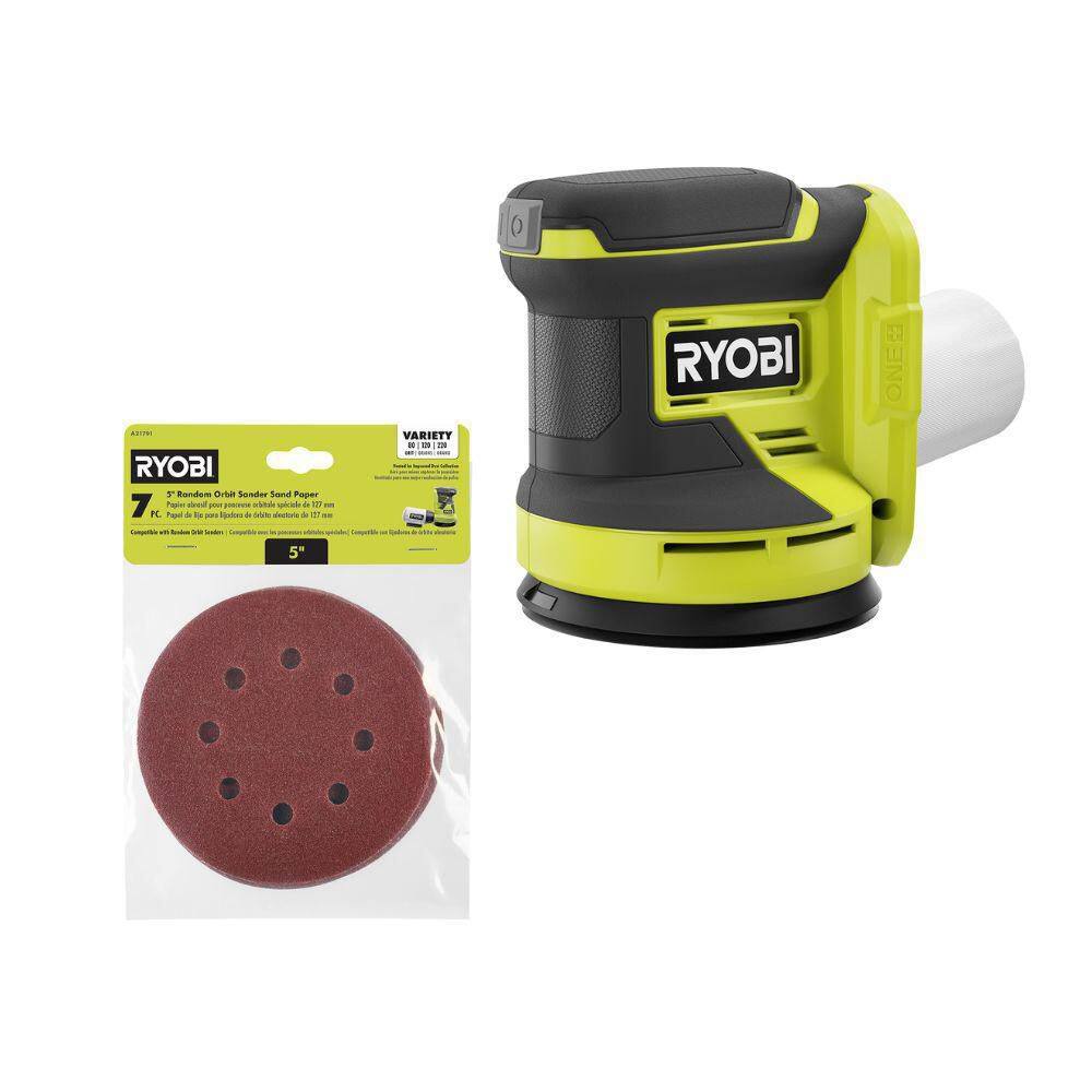 RYOBI ONE+ 18V Cordless 5 in. Random Orbit Sander (Tool Only) with 7-Piece 5 in. Random Orbit Sand Paper Assortment PCL406B-A21701